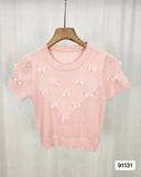 Round Neck Bow Short Sleeve Knitted T-shirt for Women New Summer Style Short - Sleeved Tee Knitted T-shirt - Zeprah