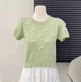 Round Neck Bow Short Sleeve Knitted T-shirt for Women New Summer Style Short - Sleeved Tee Knitted T-shirt - Zeprah