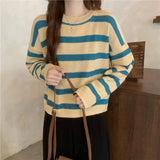 Round Neck Knit Sweater Streak Long - sleeved Top Loose - fit Long Sleeve Short Top - Zeprah