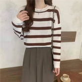 Round Neck Knit Sweater Streak Long - sleeved Top Loose - fit Long Sleeve Short Top - Zeprah