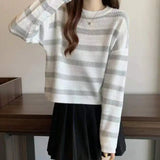 Round Neck Knit Sweater Streak Long - sleeved Top Loose - fit Long Sleeve Short Top - Zeprah