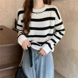 Round Neck Knit Sweater Streak Long - sleeved Top Loose - fit Long Sleeve Short Top - Zeprah