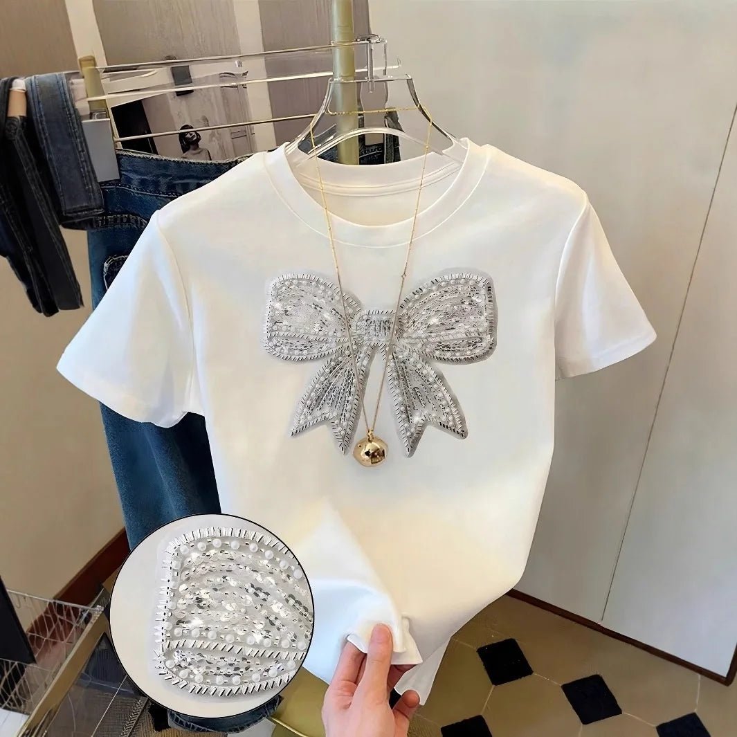 Round Neck Short Sleeve Top Sequins Butterfly Embroidery Design Sense Pattern Summer New Women's T-Shirt - Zeprah
