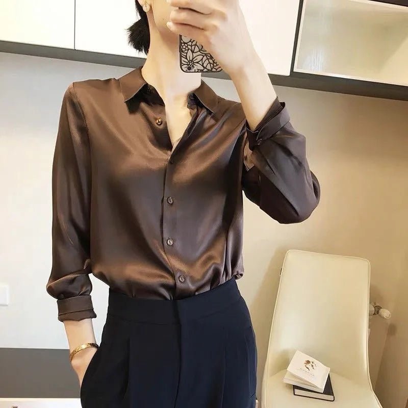 Satin Long - Sleeve Blouse Fashionable Blouse Vintage Dress Shirt - Zeprah