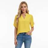 V-Neck Split Sleeve Blouse - Women’s Blouse – Mandarin Collar V-Neck Top with Split Cap Sleeves