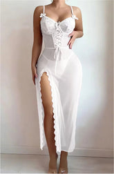 See - Through Long Dress Set European American Style Flower Bud Sexy Lingerie Nightgowns - Zeprah