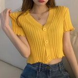 Selvedge Graphic Tee Knitted T-shirt for Women V - neck Short - sleeved Blouse - Zeprah