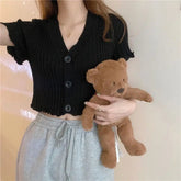 Selvedge Graphic Tee Knitted T-shirt for Women V - neck Short - sleeved Blouse - Zeprah