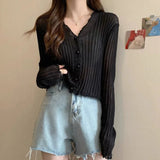 Selvedge Knit Cardigan Top Solid Crop Top Ice Silk Sun protection Smock Top - Zeprah