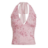 Sequin Floral Knitted Short Camisole Tank Top Low Back Sleeveless V - Neck Sexy Summer Glitter Women - Zeprah