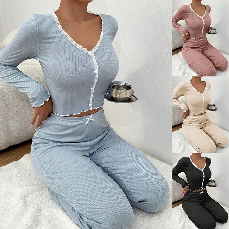 Sexy 2 - piece Set Lace Cuff Hot - selling Sexy Nightwear Long - Sleeved Slim - fit Pajamas - Zeprah