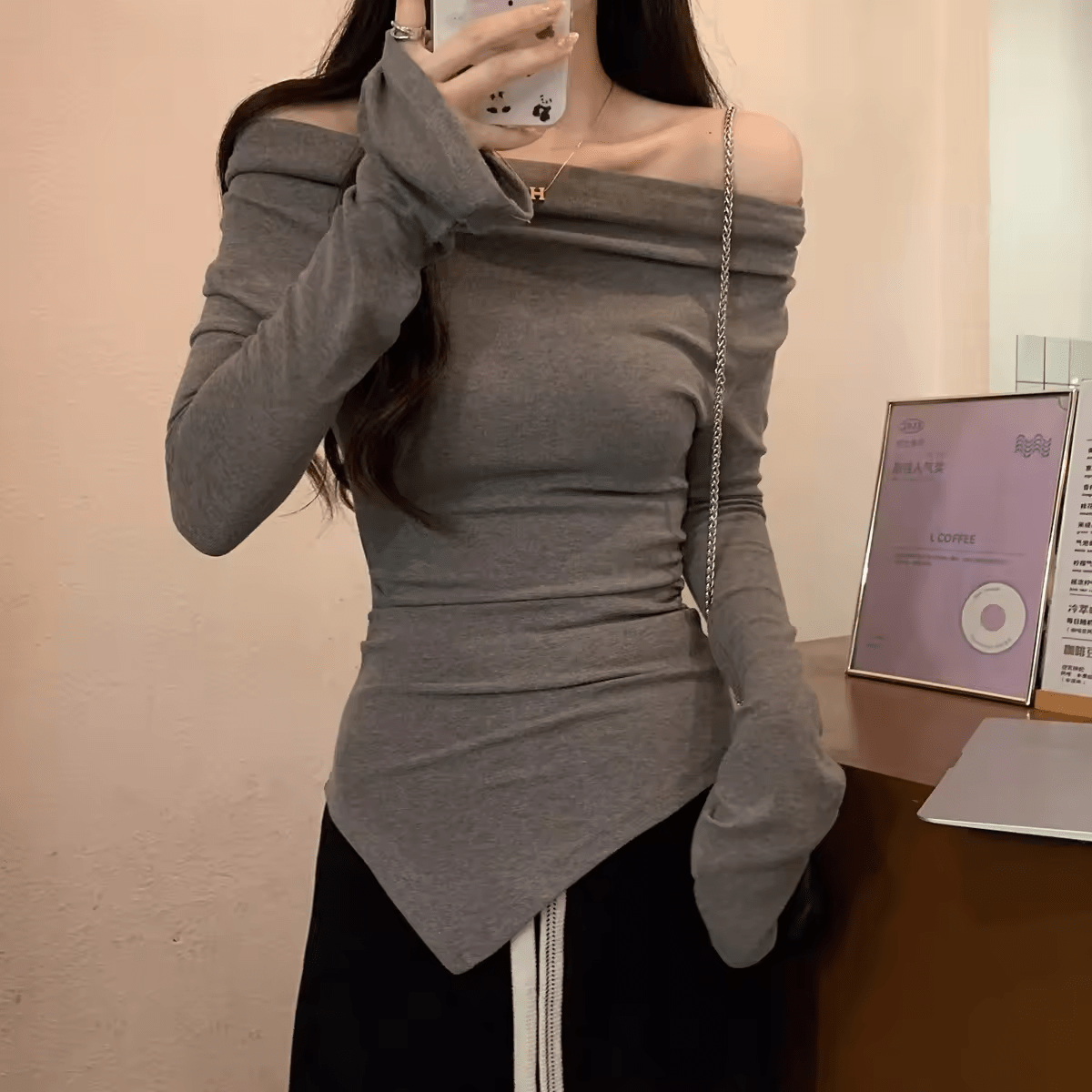 Sexy Asymmetric Mock Neck Base Top | Slim - Fit Korean T-Shirt - Zeprah