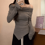 Sexy Asymmetric Mock Neck Base Top | Slim - Fit Korean T-Shirt - Zeprah