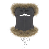 Sexy Backless Corset Top Feather Trim Lace - Up Cutout Bodycon Bustier for Party Clubwear - Zeprah