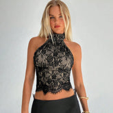 Sexy Backless Slim Fit Eco - Friendly Breathable Gothic Lace Turtleneck Tank Top - Zeprah
