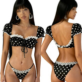 Sexy Bikini Set Polka Dot Color Block Square Neck Lace Crop Top with Built - in Bra and Washed Above Knee Side Tie Shorts - Zeprah