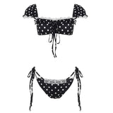 Sexy Bikini Set Polka Dot Color Block Square Neck Lace Crop Top with Built - in Bra and Washed Above Knee Side Tie Shorts - Zeprah