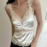 Sexy Breathable Eco - Friendly Satin Tank Top for Women's Summer V - Neck with Bow Lace Trim Fitted Casual Solid Color - Zeprah