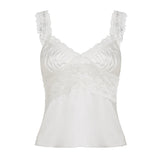 Sexy Breathable Eco - Friendly Satin Tank Top for Women's Summer V - Neck with Bow Lace Trim Fitted Casual Solid Color - Zeprah