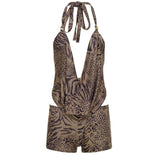 Sexy Casual Leopard Print Knitting Two - Piece Set Women Deep V Halter Tie Backless Crop Top Above Knee Belt Summer - Zeprah
