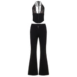 Sexy Club Wear Set Women's Black Lace Floral Halter Top Low Waist Tight Pants Two Piece Night Knitting Quick Dry - Zeprah