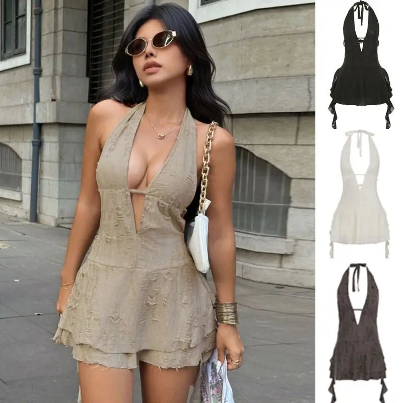 Sexy Deep V Backless Mini Dress Halter Tie Neck Cut Details Textured Fabric Solid Color Pencil Casual Natural Waist Breathable - Zeprah