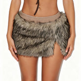Sexy Dropped Waist Bodycon Mini Pencil Skirt with Faux Fur Panels High Slit Soft Comfortable Eco - Friendly - Zeprah