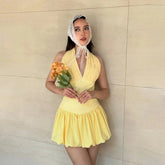 Sexy Eco - Friendly Washable Yellow Mini Dress Halter Neck V Neck Tie up Smocked Waist Bubble Hem - Zeprah