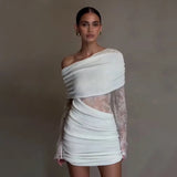 Sexy Elegant Autumn Party Dress Slash Neck Bodycon Mini Dress with Lace Insert Solid Color and Washable - Zeprah