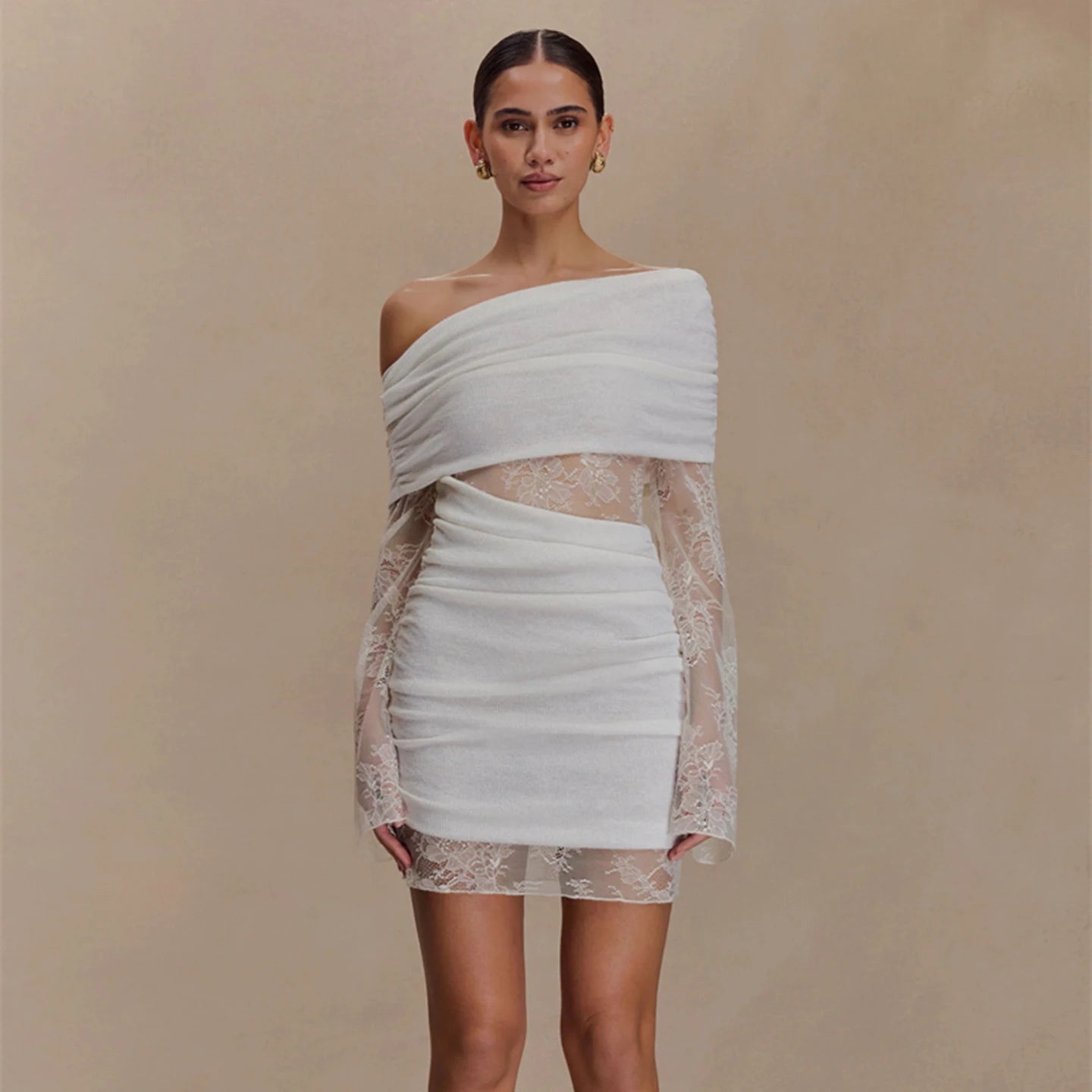 Sexy Elegant Autumn Party Dress Slash Neck Bodycon Mini Dress with Lace Insert Solid Color and Washable - Zeprah