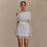 Sexy Elegant Autumn Party Dress Slash Neck Bodycon Mini Dress with Lace Insert Solid Color and Washable - Zeprah