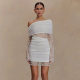 Sexy Elegant Autumn Party Dress Slash Neck Bodycon Mini Dress with Lace Insert Solid Color and Washable - Zeprah