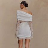 Sexy Elegant Autumn Party Dress Slash Neck Bodycon Mini Dress with Lace Insert Solid Color and Washable - Zeprah