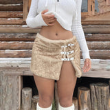 Sexy Faux Fur Eco - Friendly Soft Mini Skirt with High Slit and Button - Zeprah