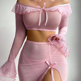 Sexy Lingerie European American Style Ruffled Lace - Up Mesh Long Sleeve Women's Short Top Long Skirt Set - Zeprah