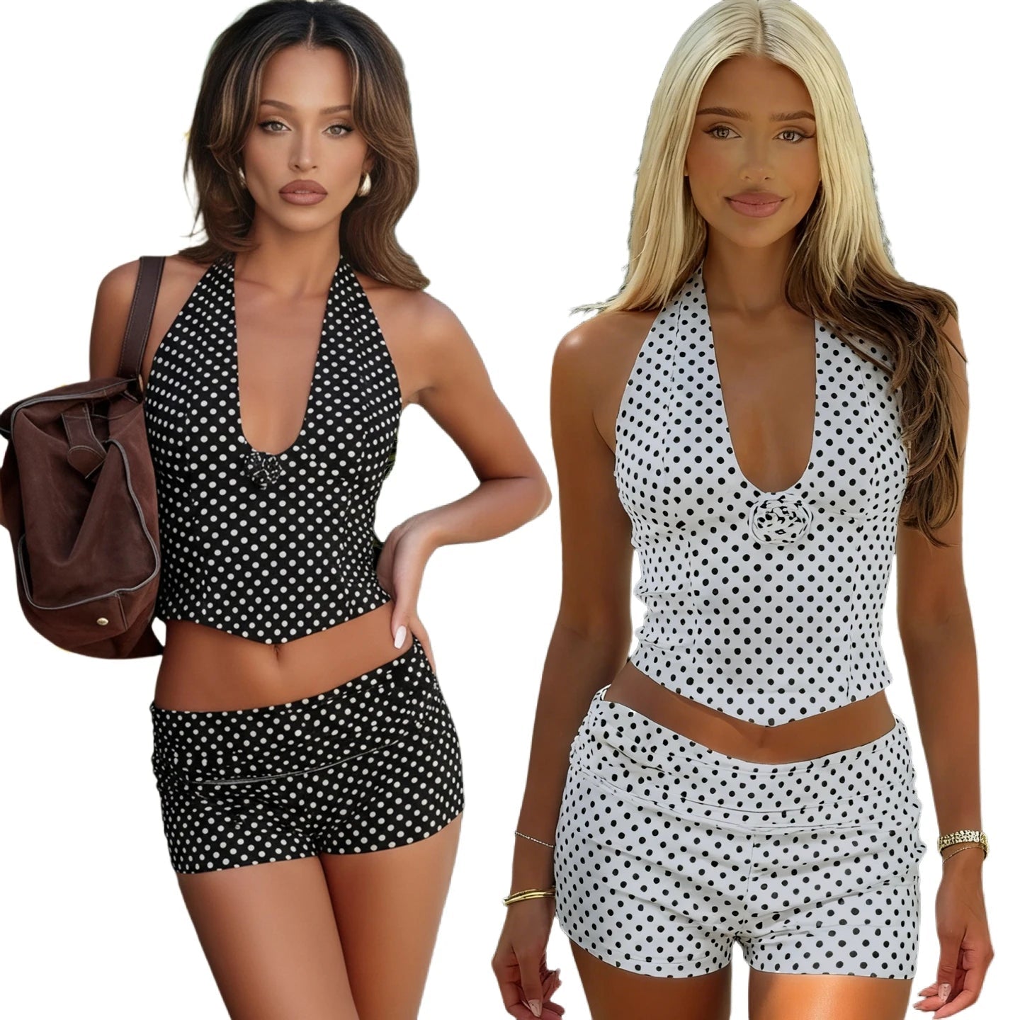Sexy Polka Dot Color Block One Set Casual V - neck Crop Top Shorts 3D Floral Applique Stretchy Skinny Fit Breathable Eco - Friendly - Zeprah
