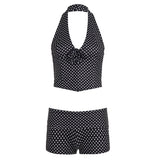 Sexy Polka Dot Color Block One Set Casual V - neck Crop Top Shorts 3D Floral Applique Stretchy Skinny Fit Breathable Eco - Friendly - Zeprah