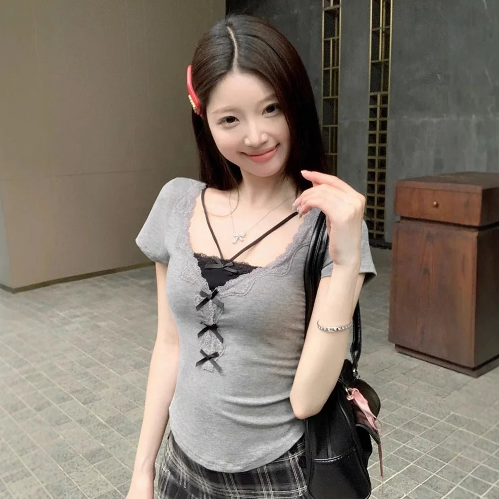 Sexy Pure Faux Two - piece V - Neck Bow Short - Sleeved T-Shirt Summer Slim - Fit Slimming Spice Girls Base Women's Top - Zeprah