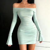 Sexy Spice Girl Dress Women's New Autumn Off - shoulder Waist Slimming Tight Long - sleeved Hip Short Dress - Zeprah