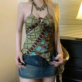 Sexy Summer Women's Knitted Vest Eco - Friendly Forest Aesthetic Cropped Camisole Lace - Up Front Ribbons High Quality Fashion Top - Zeprah