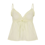 Sexy Sweet Breathable Eco - Friendly Lace Woven Cotton Jacquard Solid V - Neck with Tie Front Summer Cami Top - Zeprah