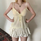 Sexy Sweet Breathable Eco - Friendly Lace Woven Cotton Jacquard Solid V - Neck with Tie Front Summer Cami Top - Zeprah