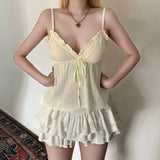 Sexy Sweet Breathable Eco - Friendly Lace Woven Cotton Jacquard Solid V - Neck with Tie Front Summer Cami Top - Zeprah