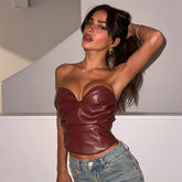 Sexy Vintage Short Red Leather Woven Bodycon Vest Off - Shoulder Bustier Tube Top with Zipper for Women Clubwear - Zeprah