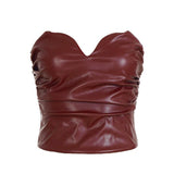 Sexy Vintage Short Red Leather Woven Bodycon Vest Off - Shoulder Bustier Tube Top with Zipper for Women Clubwear - Zeprah