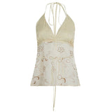 Sexy Women's Crocheted Floral Sweet Halter Neck Lace Patchwork Sequin Beaded Camisole Top V - Neck Low Back Tie - Up Quick Dry - Zeprah