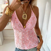 Sexy Women's Crocheted Floral Sweet Halter Neck Lace Patchwork Sequin Beaded Camisole Top V - Neck Low Back Tie - Up Quick Dry - Zeprah