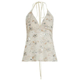 Sexy Women's Crocheted Floral Sweet Halter Neck Lace Patchwork Sequin Beaded Camisole Top V - Neck Low Back Tie - Up Quick Dry - Zeprah