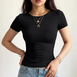 Fitted Short-Sleeve T-Shirt - Women’s Ruched Side Basic T-Shirt – Stretchy Body-Contouring Crew Neck Top