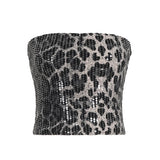 Shiny Sequin Animal Leopard Print Knitted Short Tank Top Women Sexy Bodycon Club Wear Strapless Back Zipper - Zeprah